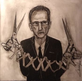 "Corte y Recorte" ("A rey muerto, rey puesto! Lorenzetti ya no gobierna la Corte que tiene nuevo monarca: Carlos Rozenkrantz...") artículo Dr. Luis Roa. Pastel óleo • 40x40cm • 2018